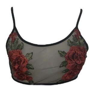 Y2K Wm M Black Sheer Red Floral Embroidery Fairy Sexy Witchy Grunge HALTER ROSES